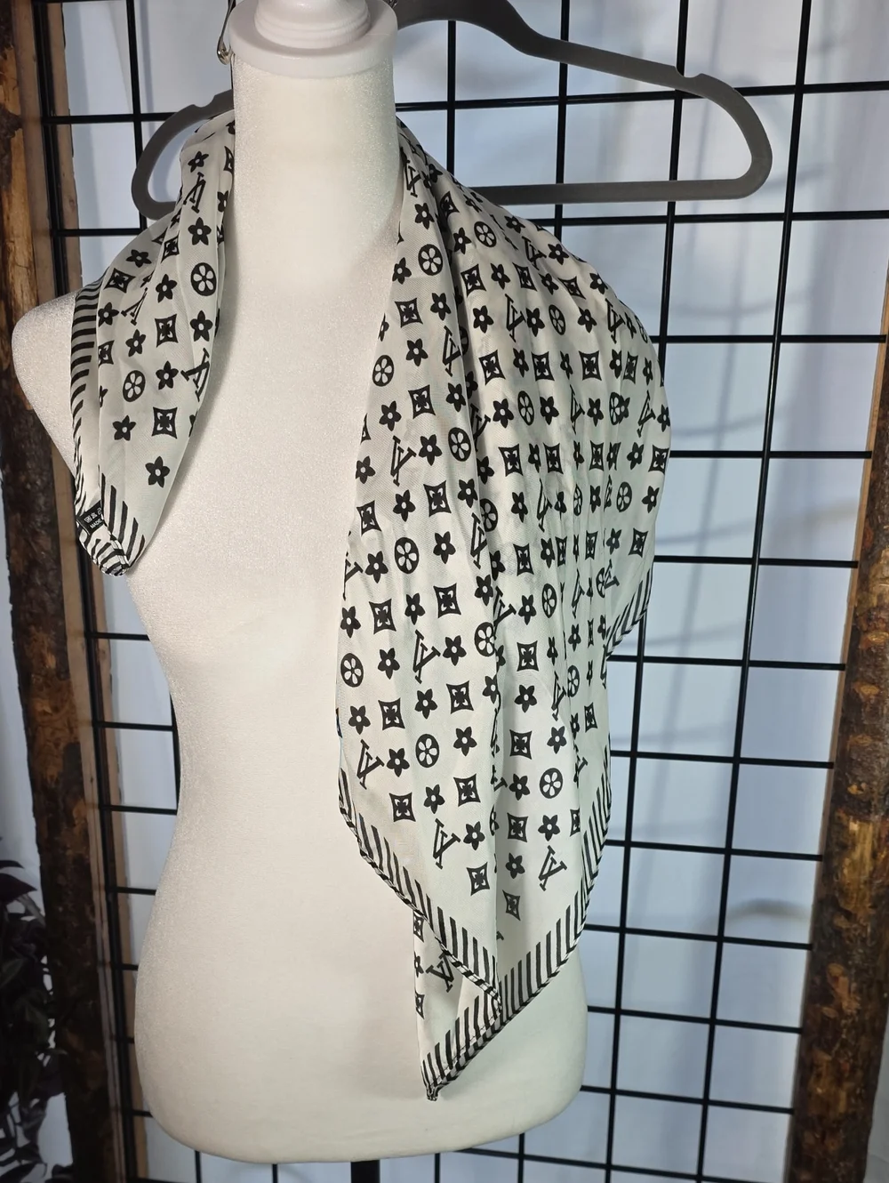 Luxury Brown Or White Patterned Silk Scarf with Gold Accent